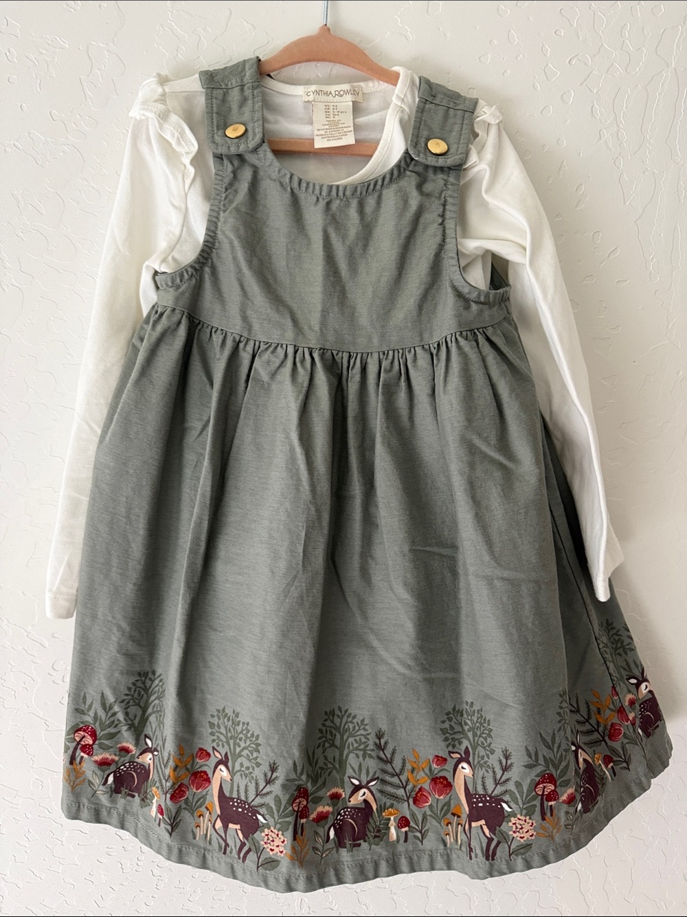 Cynthia Rowley Olive Deer Border Pinafore Dress - Size 4T